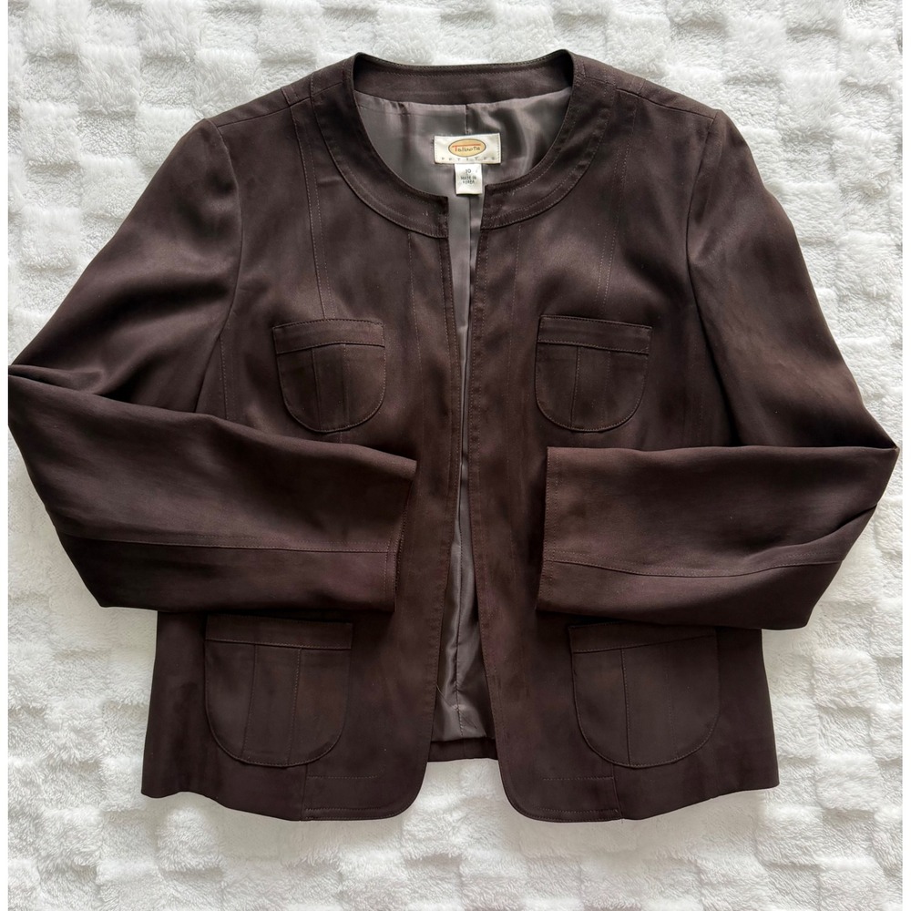 Talbots Petites Brown Open Front Blazer Jacket Faux Suede Pockets Size 10P EUC